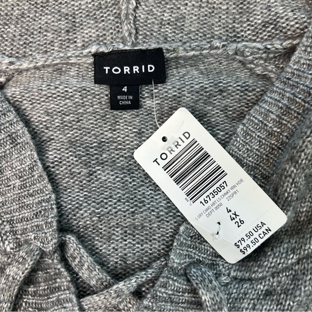 Torrid Sweater Raglan Hoodie Soft Knit Camo Heart Gray Plus Size 4 Front Tie NEW - Picture 4 of 10